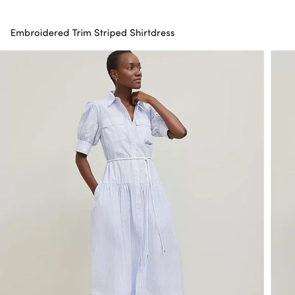 NWT Ann Taylor Embroidered Puff Sleeve Blue Striped Midi Shirtdress size 0 - Picture 1 of 8